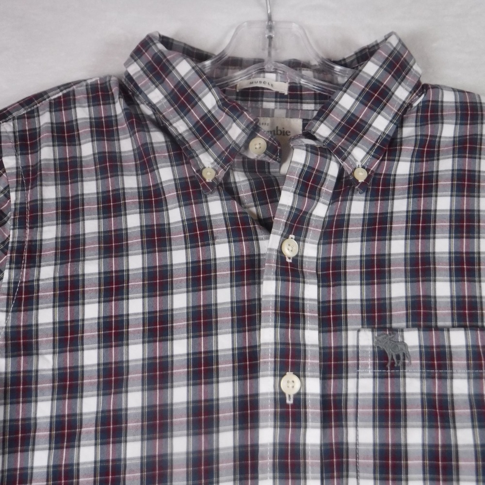 Abercrombie & Fitch Mens XXL Muscle Fit Plaid Button Down Shirt Burgundy Blue